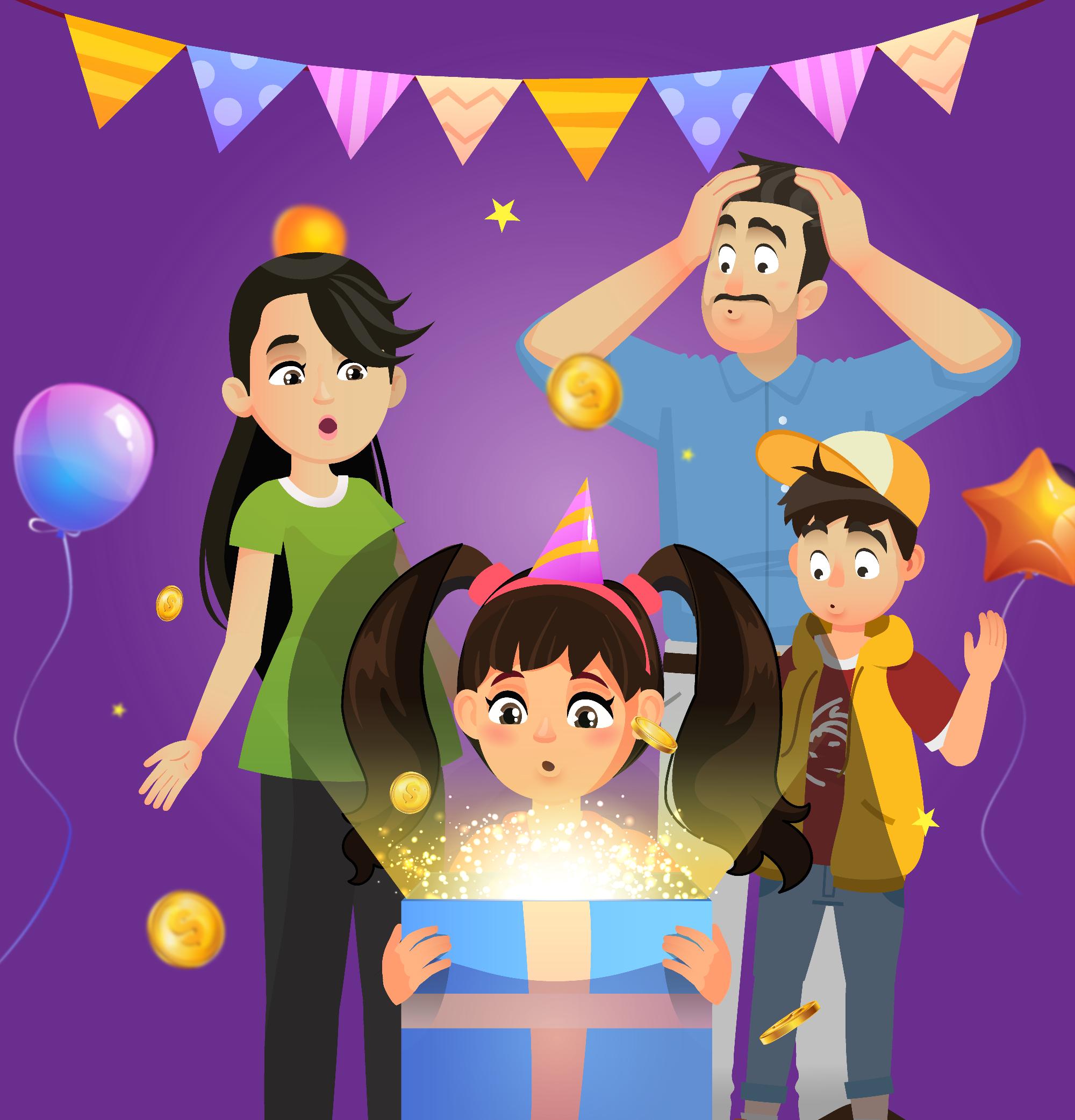 Familia fortuna en cumpleaños de tesoro